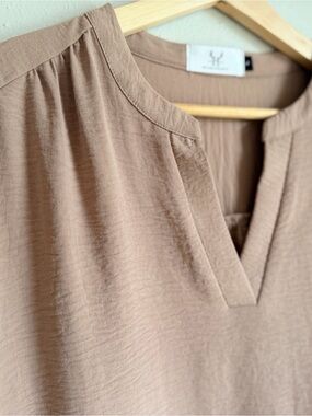 Relaxed V-Neck Blouse in Taupe with Subtle Shoulder Gathers